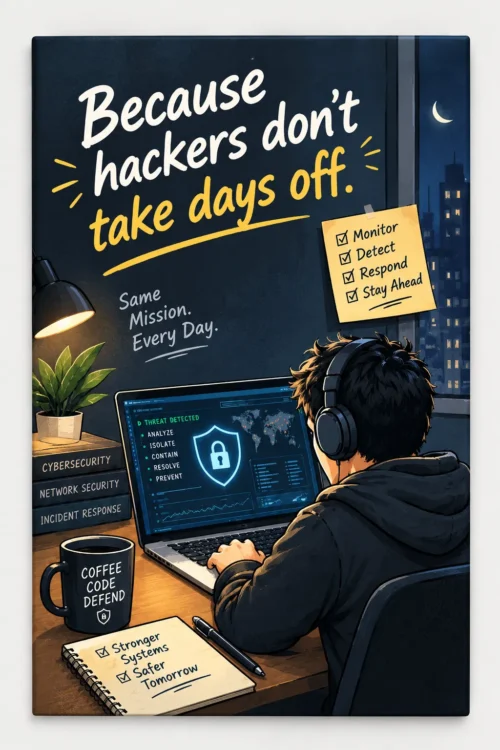 Hackers Don’t Take Days Off Fridge Magnet – Mission Every Day